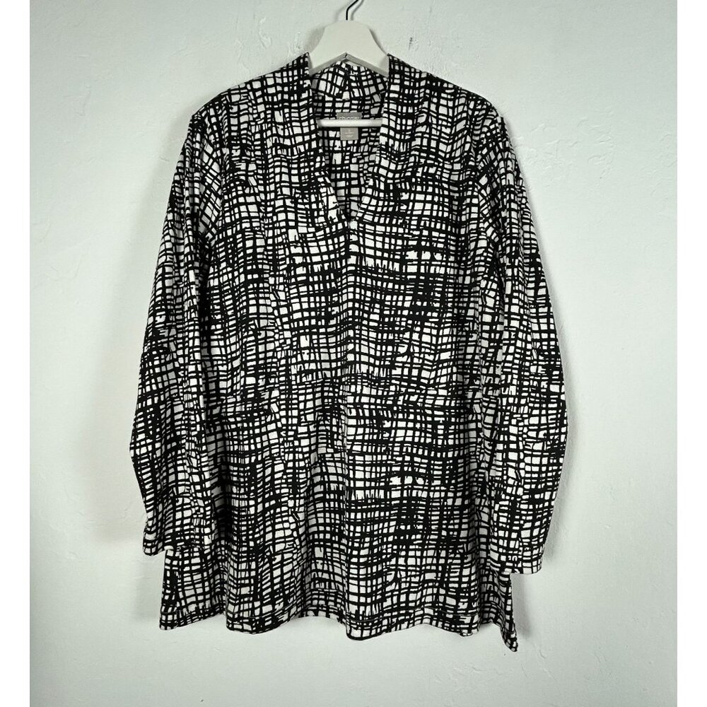 Chico's Womens Black White Abstract Long Sleeve Top Blouse Size 2 US Large NWOT